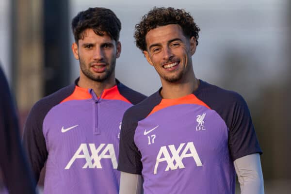 LIVERPOOL, ENGLAND - Wednesday, October 25, 2023: Liverpool's Curtis Jones (R) and Dominik Szoboszlai during a training session at the AXA Training Centre ahead of the UEFA Europa League Group E match between Liverpool FC and FC Toulouse. (Photo by David Rawcliffe/Propaganda)