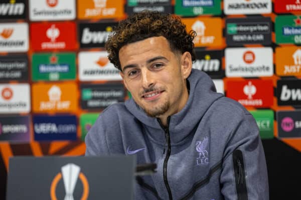 LIVERPOOL, ENGLAND - Wednesday, October 25, 2023: Liverpool's Curtis Jones during a press conference at Anfield ahead of the UEFA Europa League Group E matchday 3 game between Liverpool FC and Toulouse FC. (Photo by David Rawcliffe/Propaganda)