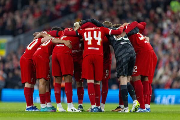 LIVERPOOL, ENGLAND - Thursday, October 26, 2023: Liverpool players before the UEFA Europa League Group E matchday 3 game between Liverpool FC and Toulouse FC at Anfield. (Photo by David Rawcliffe/Propaganda)