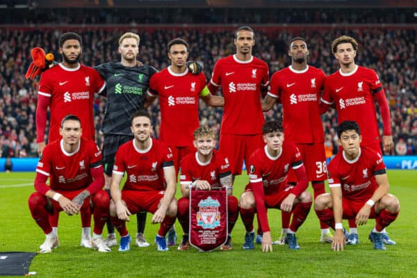 LIVERPOOL, ENGLAND - Thursday, October 26, 2023: Liverpool players line-up for a team group photograph before the UEFA Europa League Group E matchday 3 game between Liverpool FC and Toulouse FC at Anfield. (Photo by David Rawcliffe/Propaganda)