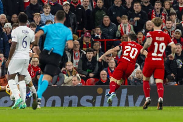 LIVERPOOL, ENGLAND - Thursday, October 26, 2023: Liverpool's Diogo Jota scores the first goal during the UEFA Europa League Group E matchday 3 game between Liverpool FC and Toulouse FC at Anfield. (Photo by David Rawcliffe/Propaganda)