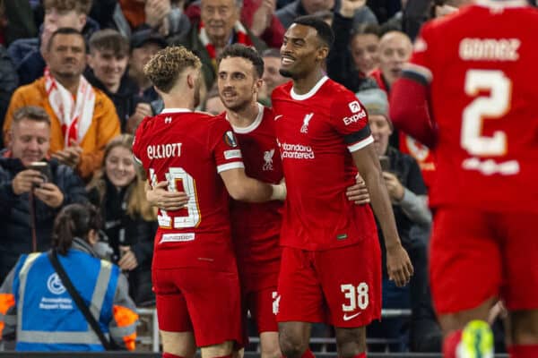 LIVERPOOL, ENGLAND - Thursday, October 26, 2023: Liverpool's Diogo Jota (C) celebrates after scoring the first goal during the UEFA Europa League Group E matchday 3 game between Liverpool FC and Toulouse FC at Anfield. (Photo by David Rawcliffe/Propaganda)