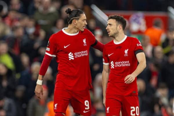 LIVERPOOL, ENGLAND - Thursday, October 26, 2023: Liverpool's Diogo Jota (R) celebrates with team-mate Darwin Núñez after scoring the first goal during the UEFA Europa League Group E matchday 3 game between Liverpool FC and Toulouse FC at Anfield. (Photo by David Rawcliffe/Propaganda)