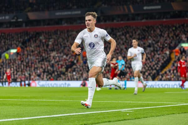 LIVERPOOL, ENGLAND - Thursday, October 26, 2023: Toulouse's Thijs Dallinga celebrates after scoring the first equalising goal during the UEFA Europa League Group E matchday 3 game between Liverpool FC and Toulouse FC at Anfield. (Photo by David Rawcliffe/Propaganda)