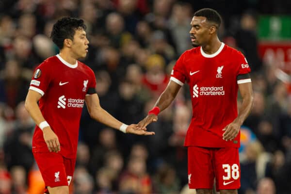 LIVERPOOL, ENGLAND - Thursday, October 26, 2023: Liverpool's Wataru Endo (L) celebrates with team-mate Ryan Gravenberch after scoring the second goal during the UEFA Europa League Group E matchday 3 game between Liverpool FC and Toulouse FC at Anfield. (Photo by David Rawcliffe/Propaganda)