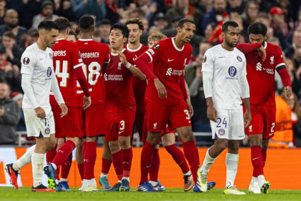 LIVERPOOL, ENGLAND - Thursday, October 26, 2023: Liverpool's Wataru Endo (C) celebrates after scoring the second goal during the UEFA Europa League Group E matchday 3 game between Liverpool FC and Toulouse FC at Anfield. (Photo by David Rawcliffe/Propaganda)