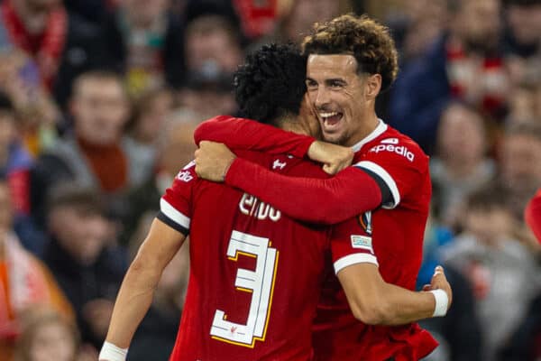 LIVERPOOL, ENGLAND - Thursday, October 26, 2023: Liverpool's Wataru Endo (L) celebrates with team-mate Curtis Jones after scoring the second goal during the UEFA Europa League Group E matchday 3 game between Liverpool FC and Toulouse FC at Anfield. (Photo by David Rawcliffe/Propaganda)