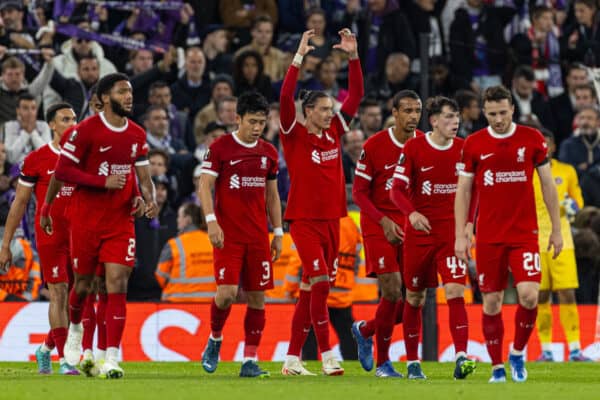 LIVERPOOL, ENGLAND - Thursday, October 26, 2023: Liverpool's Darwin Núñez celebrates after scoring the third goal during the UEFA Europa League Group E matchday 3 game between Liverpool FC and Toulouse FC at Anfield. (Photo by David Rawcliffe/Propaganda)