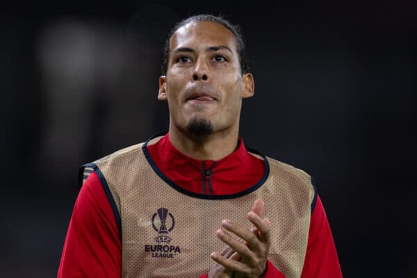 LIVERPOOL, ENGLAND - Thursday, October 26, 2023: Liverpool's substitute captain Virgil van Dijk warms-up during the UEFA Europa League Group E matchday 3 game between Liverpool FC and Toulouse FC at Anfield. (Photo by David Rawcliffe/Propaganda)