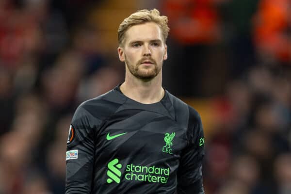 LIVERPOOL, ENGLAND - Thursday, October 26, 2023: Liverpool's goalkeeper Caoimhin Kelleher during the UEFA Europa League Group E matchday 3 game between Liverpool FC and Toulouse FC at Anfield. (Photo by David Rawcliffe/Propaganda)