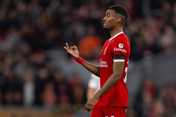 LIVERPOOL, ENGLAND - Thursday, October 26, 2023: Liverpool's Ryan Gravenberch during the UEFA Europa League Group E matchday 3 game between Liverpool FC and Toulouse FC at Anfield. (Photo by David Rawcliffe/Propaganda)