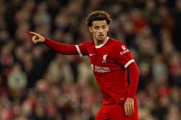 LIVERPOOL, ENGLAND - Thursday, October 26, 2023: Liverpool's Curtis Jones during the UEFA Europa League Group E matchday 3 game between Liverpool FC and Toulouse FC at Anfield. (Photo by David Rawcliffe/Propaganda)