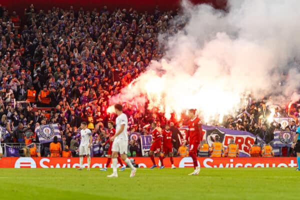 LIVERPOOL, ENGLAND - Thursday, October 26, 2023: Toulouse supporters set of pyro during the UEFA Europa League Group E matchday 3 game between Liverpool FC and Toulouse FC at Anfield. (Photo by David Rawcliffe/Propaganda)