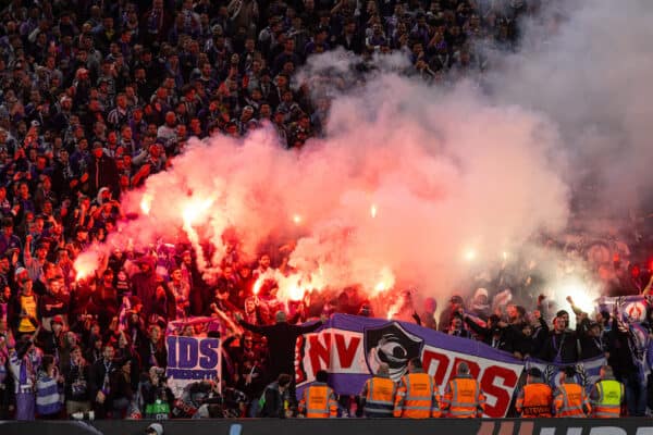 LIVERPOOL, ENGLAND - Thursday, October 26, 2023: Toulouse supporters set off pro during the UEFA Europa League Group E matchday 3 game between Liverpool FC and Toulouse FC at Anfield. (Photo by David Rawcliffe/Propaganda)