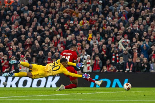 LIVERPOOL, ENGLAND - Thursday, October 26, 2023: Liverpool's Ryan Gravenberch scores the fourth goal past Toulouse's goalkeeper Guillaume Restes during the UEFA Europa League Group E matchday 3 game between Liverpool FC and Toulouse FC at Anfield. (Photo by David Rawcliffe/Propaganda)