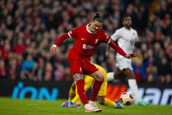 LIVERPOOL, ENGLAND - Thursday, October 26, 2023: Liverpool's Darwin Núñez shoots during the UEFA Europa League Group E matchday 3 game between Liverpool FC and Toulouse FC at Anfield. (Photo by David Rawcliffe/Propaganda)