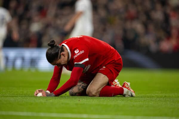 LIVERPOOL, ENGLAND - Thursday, October 26, 2023: Liverpool's Darwin Núñez looks dejected after his shot was blocked during the UEFA Europa League Group E matchday 3 game between Liverpool FC and Toulouse FC at Anfield. (Photo by David Rawcliffe/Propaganda)