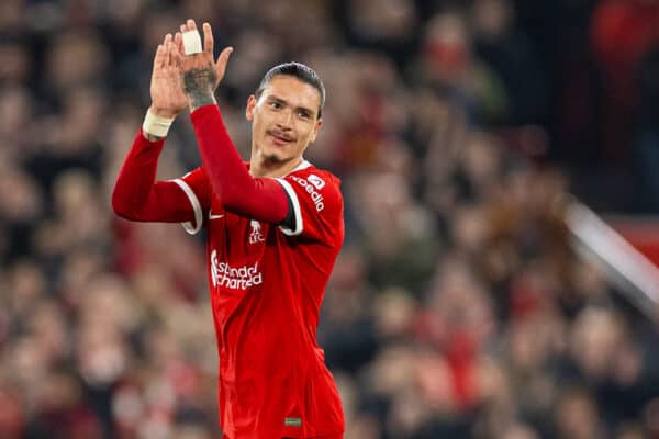 LIVERPOOL, ENGLAND - Thursday, October 26, 2023: Liverpool's Darwin Nunez applauds the supporters as he is substituted during the UEFA Europa League Group E matchday 3 game between Liverpool FC and Toulouse FC at Anfield. (Photo by David Rawcliffe/Propaganda)