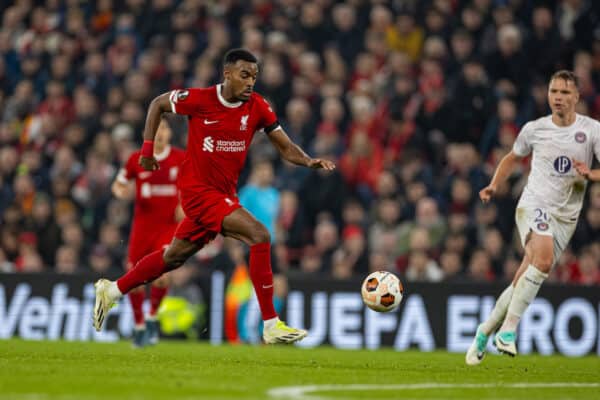 LIVERPOOL, ENGLAND - Thursday, October 26, 2023: Liverpool's Ryan Gravenberch during the UEFA Europa League Group E matchday 3 game between Liverpool FC and Toulouse FC at Anfield. (Photo by David Rawcliffe/Propaganda)