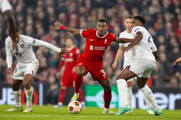 LIVERPOOL, ENGLAND - Thursday, October 26, 2023: Liverpool's Ryan Gravenberch during the UEFA Europa League Group E matchday 3 game between Liverpool FC and Toulouse FC at Anfield. (Photo by David Rawcliffe/Propaganda)