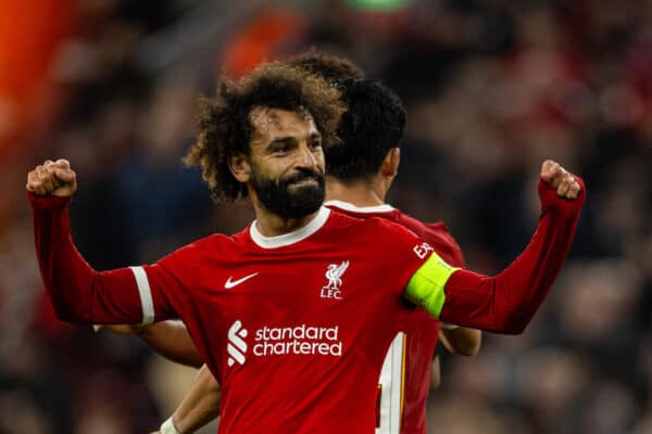 LIVERPOOL, ENGLAND - Thursday, October 26, 2023: Liverpool's Mohamed Salah celebrates after scoring the fifth goal during the UEFA Europa League Group E matchday 3 game between Liverpool FC and Toulouse FC at Anfield. (Photo by David Rawcliffe/Propaganda)