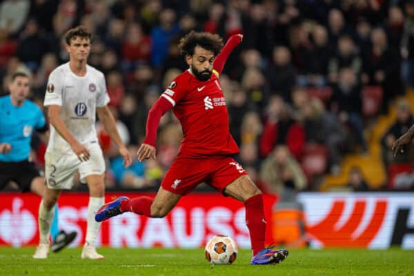 LIVERPOOL, ENGLAND - Thursday, October 26, 2023: Liverpool's Mohamed Salah scores the fifth goal during the UEFA Europa League Group E matchday 3 game between Liverpool FC and Toulouse FC at Anfield. (Photo by David Rawcliffe/Propaganda)