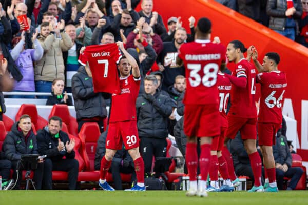 LIVERPOOL, ENGLAND - Sunday, October 29, 2023: Liverpool's Diogo Jota celebrates after scoring the opening goal by displaying the shirt of team-mate Luis Díaz, who's parents were kidnaped in Colombia, during the FA Premier League match between Liverpool FC and Nottingham Forest FC at Anfield. (Photo by David Rawcliffe/Propaganda)