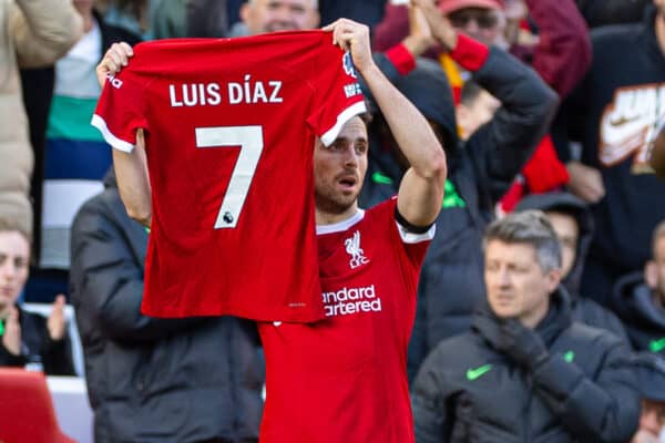 LIVERPOOL, ENGLAND - Sunday, October 29, 2023: Liverpool's Diogo Jota celebrates after scoring the opening goal by displaying the shirt of team-mate Luis Díaz, who's parents were kidnaped in Colombia, during the FA Premier League match between Liverpool FC and Nottingham Forest FC at Anfield. (Photo by David Rawcliffe/Propaganda)