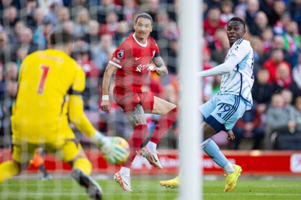 LIVERPOOL, ENGLAND - Sunday, October 29, 2023: Liverpool's Darwin Núñez sees his shot saved during the FA Premier League match between Liverpool FC and Nottingham Forest FC at Anfield. (Photo by David Rawcliffe/Propaganda)