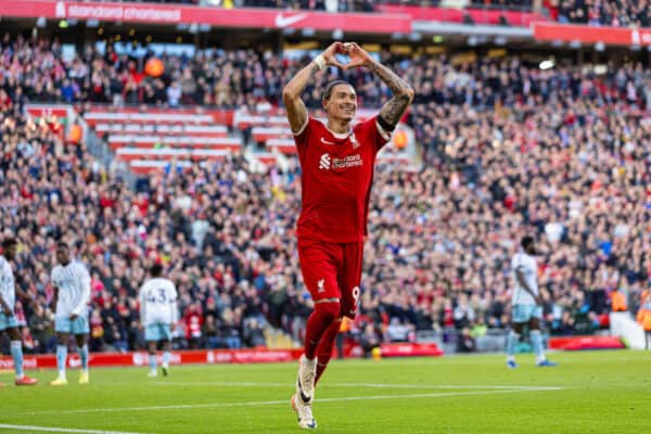 LIVERPOOL, ENGLAND - Sunday, October 29, 2023: Liverpool's Darwin Núñez celebrates after scoring the second goal during the FA Premier League match between Liverpool FC and Nottingham Forest FC at Anfield. (Photo by David Rawcliffe/Propaganda)