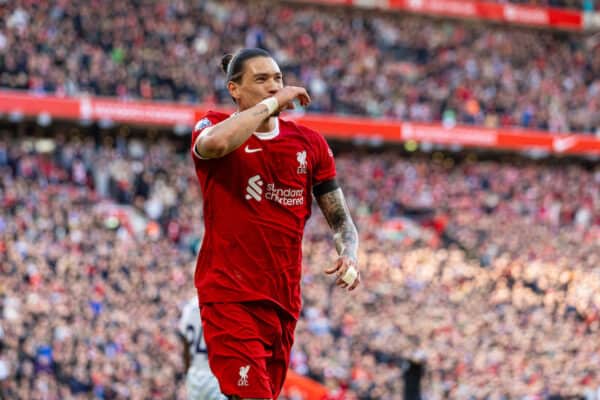 LIVERPOOL, ENGLAND - Sunday, October 29, 2023: Liverpool's Darwin Núñez celebrates after scoring the second goal during the FA Premier League match between Liverpool FC and Nottingham Forest FC at Anfield. (Photo by David Rawcliffe/Propaganda)