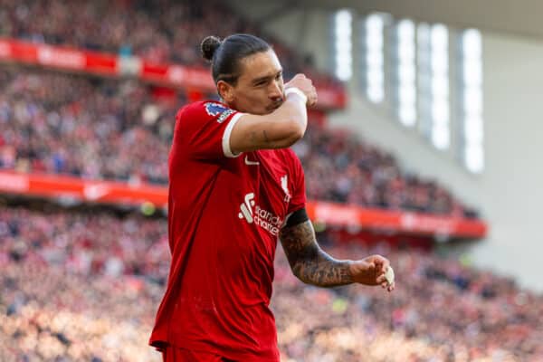 LIVERPOOL, ENGLAND - Sunday, October 29, 2023: Liverpool's Darwin Núñez celebrates after scoring the second goal during the FA Premier League match between Liverpool FC and Nottingham Forest FC at Anfield. (Photo by David Rawcliffe/Propaganda)