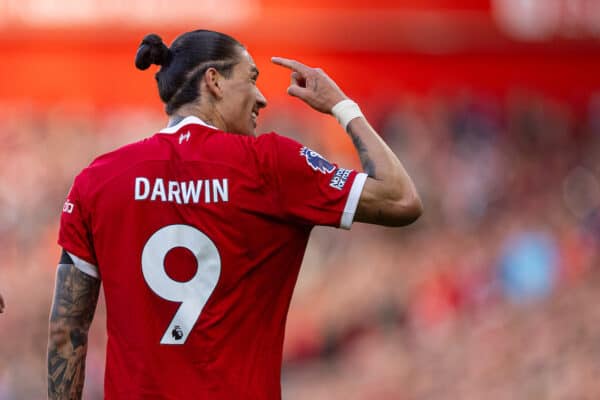 LIVERPOOL, ENGLAND - Sunday, October 29, 2023: Liverpool's Darwin Núñez celebrates after scoring the second goal during the FA Premier League match between Liverpool FC and Nottingham Forest FC at Anfield. (Photo by David Rawcliffe/Propaganda)