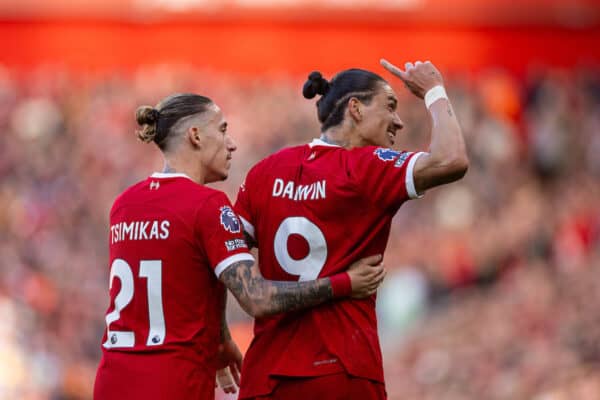 LIVERPOOL, ENGLAND - Sunday, October 29, 2023: Liverpool's Darwin Núñez celebrates after scoring the second goal during the FA Premier League match between Liverpool FC and Nottingham Forest FC at Anfield. (Photo by David Rawcliffe/Propaganda)