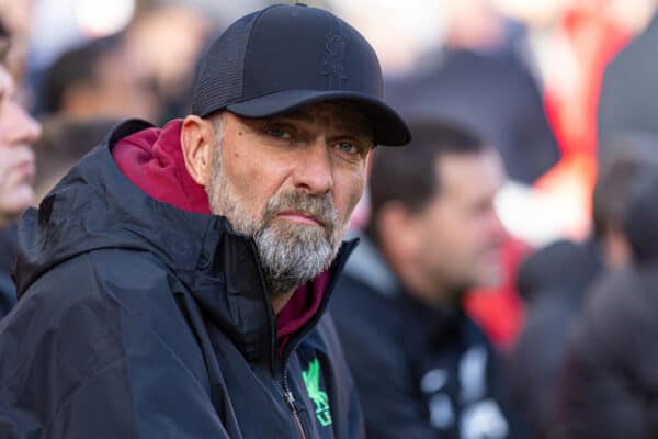 LIVERPOOL, ENGLAND - Sunday, October 29, 2023: Liverpool's manager Jürgen Klopp during the FA Premier League match between Liverpool FC and Nottingham Forest FC at Anfield. (Photo by David Rawcliffe/Propaganda)