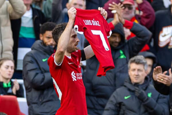 LIVERPOOL, ENGLAND - Sunday, October 29, 2023: Liverpool's Diogo Jota celebrates after scoring the opening goal by displaying the shirt of team-mate Luis Díaz, who's parents were kidnaped in Colombia, during the FA Premier League match between Liverpool FC and Nottingham Forest FC at Anfield. (Photo by David Rawcliffe/Propaganda)