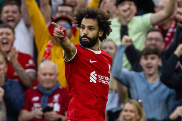 LIVERPOOL, ENGLAND - Sunday, October 29, 2023: Liverpool's Mohamed Salah celebrates after scoring the third goal during the FA Premier League match between Liverpool FC and Nottingham Forest FC at Anfield. (Photo by David Rawcliffe/Propaganda)