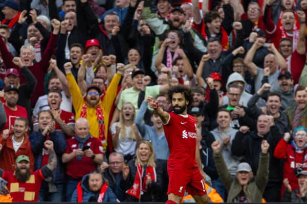 LIVERPOOL, ENGLAND - Sunday, October 29, 2023: Liverpool's Mohamed Salah celebrates after scoring the third goal during the FA Premier League match between Liverpool FC and Nottingham Forest FC at Anfield. (Photo by David Rawcliffe/Propaganda)