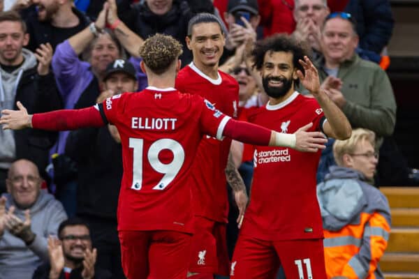 LIVERPOOL, ENGLAND - Sunday, October 29, 2023: Liverpool's Mohamed Salah celebrates after scoring the third goal during the FA Premier League match between Liverpool FC and Nottingham Forest FC at Anfield. (Photo by David Rawcliffe/Propaganda)