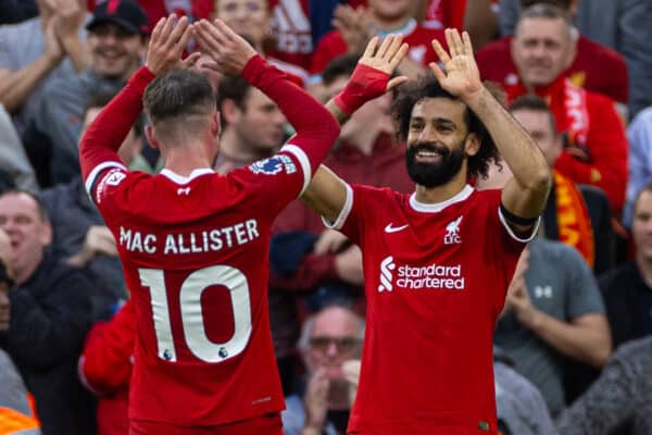 LIVERPOOL, ENGLAND - Sunday, October 29, 2023: Liverpool's Mohamed Salah celebrates after scoring the third goal during the FA Premier League match between Liverpool FC and Nottingham Forest FC at Anfield. (Photo by David Rawcliffe/Propaganda)