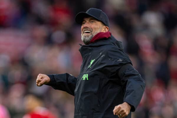 LIVERPOOL, ENGLAND - Sunday, October 29, 2023: Liverpool's manager Jürgen Klopp celebrates after the FA Premier League match between Liverpool FC and Nottingham Forest FC at Anfield. (Photo by David Rawcliffe/Propaganda)