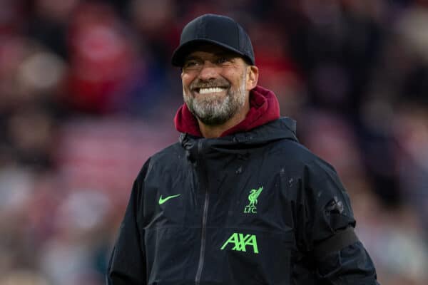 LIVERPOOL, ENGLAND - Sunday, October 29, 2023: Liverpool's manager Jürgen Klopp celebrates after the FA Premier League match between Liverpool FC and Nottingham Forest FC at Anfield. (Photo by David Rawcliffe/Propaganda)