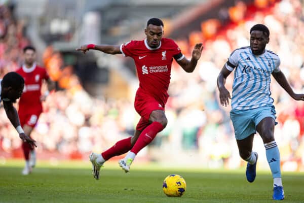 LIVERPOOL, ENGLAND - Sunday, October 29, 2023: Liverpool's Ryan Gravenberch during the FA Premier League match between Liverpool FC and Nottingham Forest FC at Anfield. (Photo by David Rawcliffe/Propaganda)