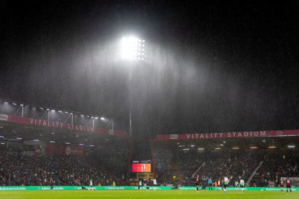 BOURNEMOUTH, ENGLAND - Wednesday, November 1, 2023: Rain falls during the Football League Cup 4th Round match between AFC Bournemouth and Liverpool FC at Dean Court. (Photo by David Rawcliffe/Propaganda)