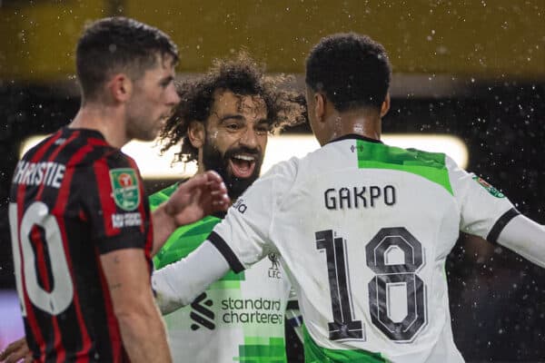 BOURNEMOUTH, ENGLAND - Wednesday, November 1, 2023: Liverpool's Cody Gakpo (R) celebrates after scoring the opening goal with team-mate Mohamed Salah during the Football League Cup 4th Round match between AFC Bournemouth and Liverpool FC at Dean Court. (Photo by David Rawcliffe/Propaganda)