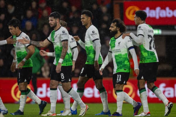 BOURNEMOUTH, ENGLAND - Wednesday, November 1, 2023: Liverpool's Cody Gakpo (C) celebrates with team-mates after scoring the opening goal during the Football League Cup 4th Round match between AFC Bournemouth and Liverpool FC at Dean Court. (Photo by David Rawcliffe/Propaganda)