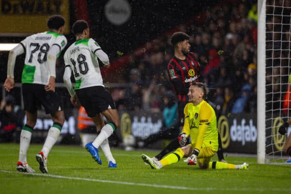 BOURNEMOUTH, ENGLAND - Wednesday, November 1, 2023: Liverpool's Ryan Gravenberch scores the first goal during the Football League Cup 4th Round match between AFC Bournemouth and Liverpool FC at Dean Court. (Photo by David Rawcliffe/Propaganda)