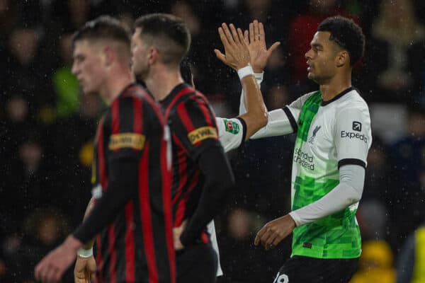 BOURNEMOUTH, ENGLAND - Wednesday, November 1, 2023: Liverpool's Ryan Gravenberch celebrates after scoring the first goal during the Football League Cup 4th Round match between AFC Bournemouth and Liverpool FC at Dean Court. (Photo by David Rawcliffe/Propaganda)