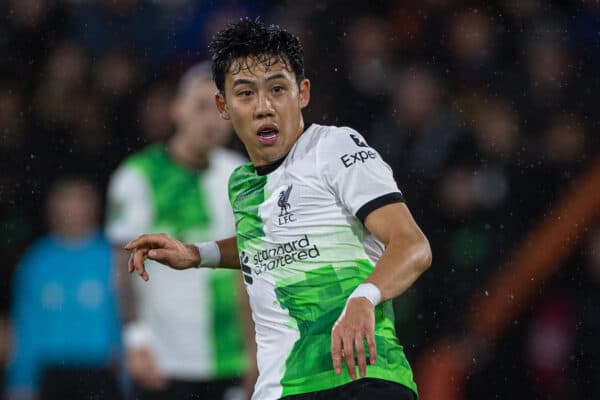 BOURNEMOUTH, ENGLAND - Wednesday, November 1, 2023: Liverpool's Wataru Endo during the Football League Cup 4th Round match between AFC Bournemouth and Liverpool FC at Dean Court. Liverpool won 2-1. (Photo by David Rawcliffe/Propaganda)