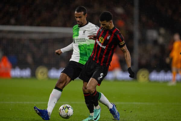 BOURNEMOUTH, ENGLAND - Wednesday, November 1, 2023: Liverpool's Joël Matip (L) challenges Bournemouth's Dominic Solanke during the Football League Cup 4th Round match between AFC Bournemouth and Liverpool FC at Dean Court. (Photo by David Rawcliffe/Propaganda)